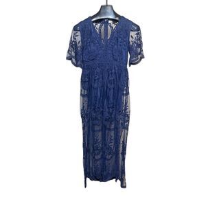 ELeter NWT Sexy V Neck Blue Lace Romper Short Sleeve Maxi Dress Small